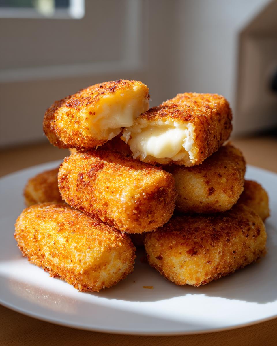 A stack of golden brown, crispy potato croquettes on a white plate, with one croquette broken open showing a creamy interior.