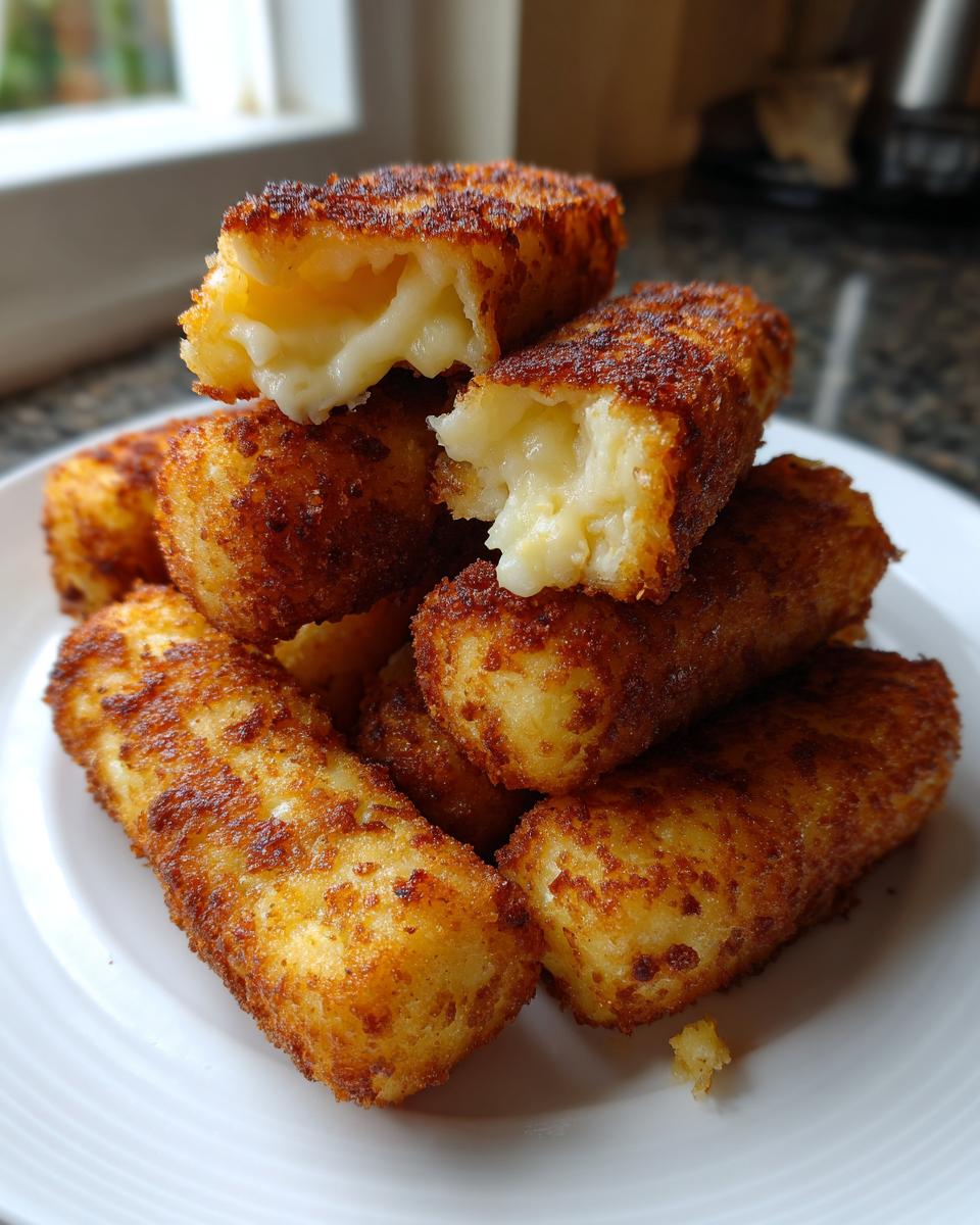 A stack of golden brown, crispy potato croquettes with a melted, cheesy interior visible in the broken pieces.