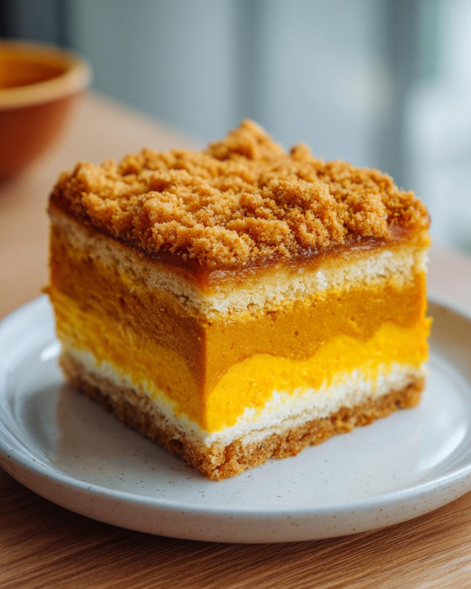 A layered square slice of amazing pumpkin crunch dessert with a crumb topping on a white plate.