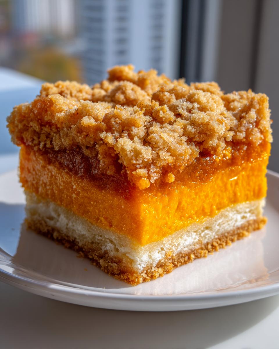Close-up of a layered square of pumpkin crunch featuring a crust, creamy pumpkin layer, and crumb topping.