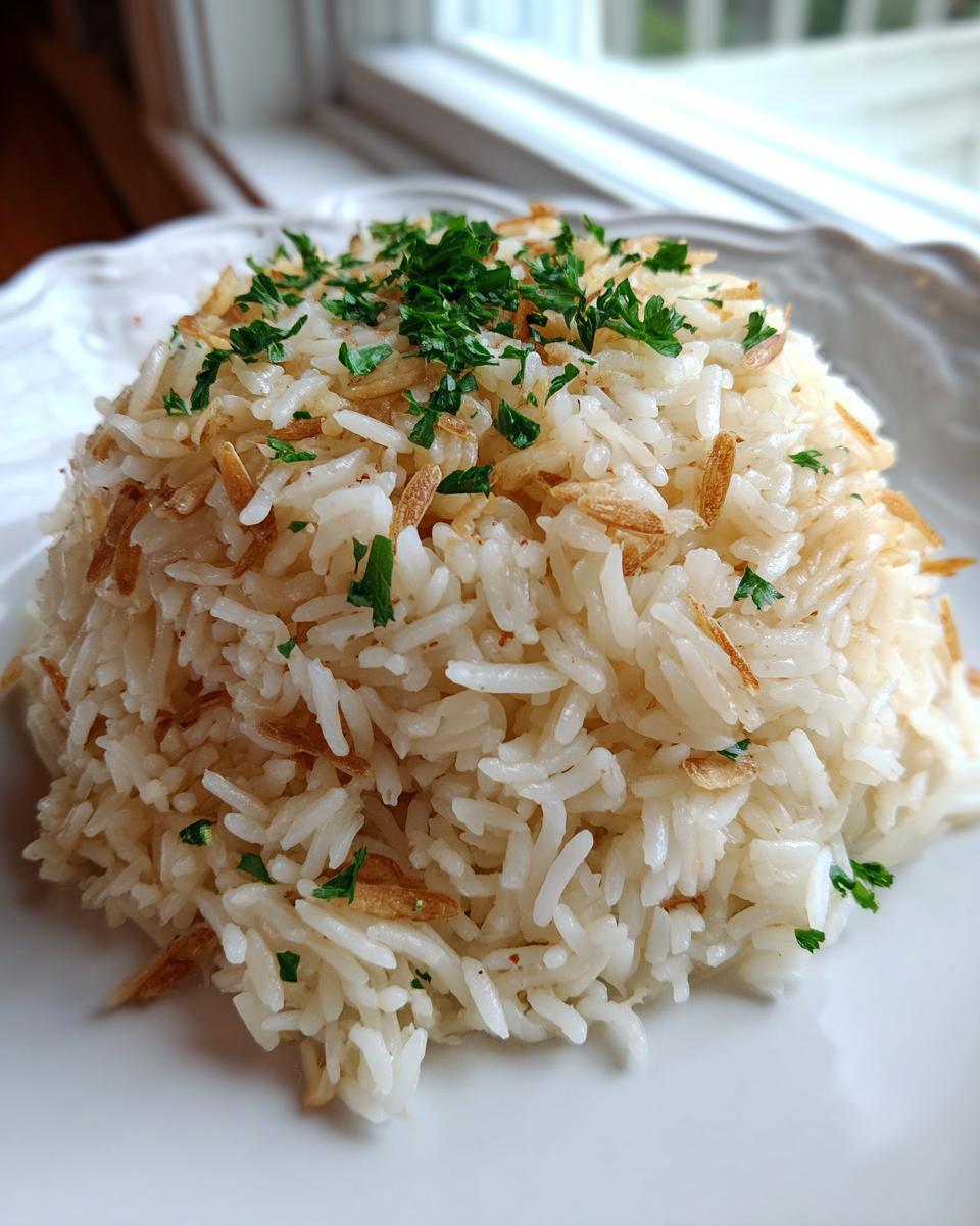 A mound of fluffy white rice pilaf mixed with toasted vermicelli and topped with fresh parsley.