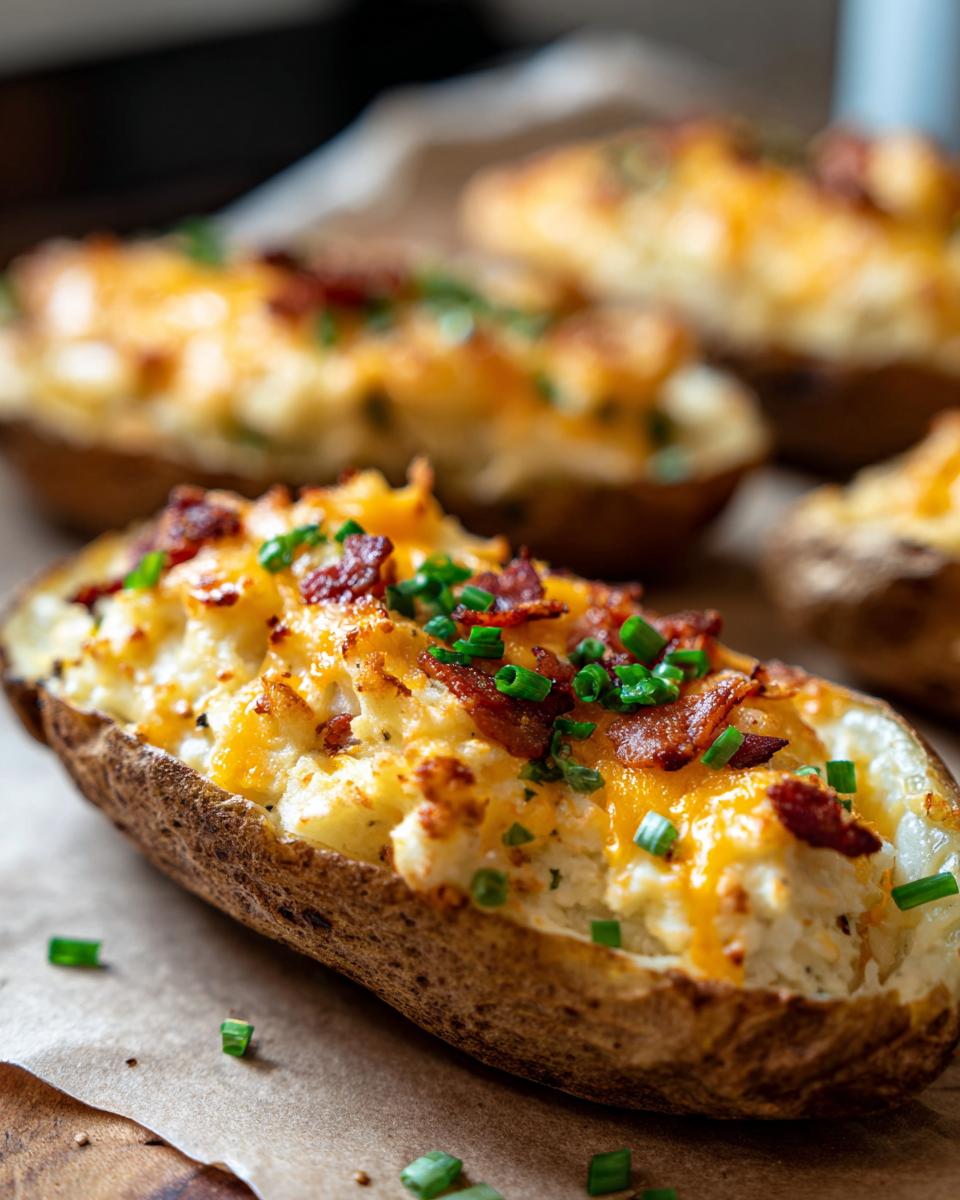A close-up of one amazing twice baked potato stuffed with creamy filling, melted cheddar cheese, bacon bits, and chives.