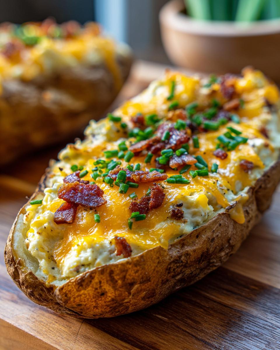 A close-up view of a perfectly prepared twice baked potato, overflowing with creamy filling, melted cheddar cheese, bacon bits, and fresh chives.