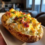 A close-up of a delicious twice baked potato stuffed with creamy filling, melted cheddar cheese, bacon bits, and chives.