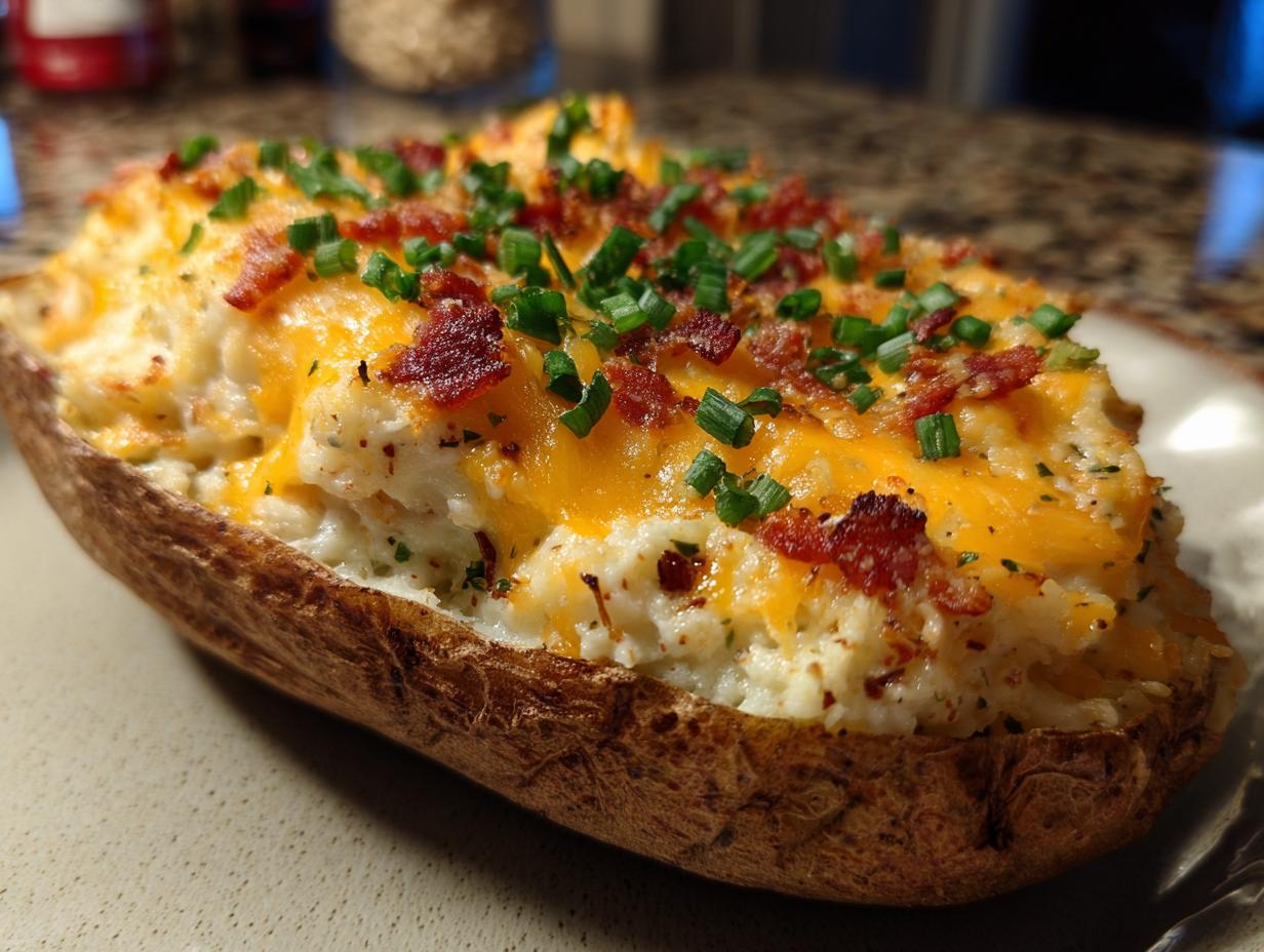 A close-up of an amazing twice baked potato stuffed with creamy filling, melted cheddar cheese, bacon bits, and chives.
