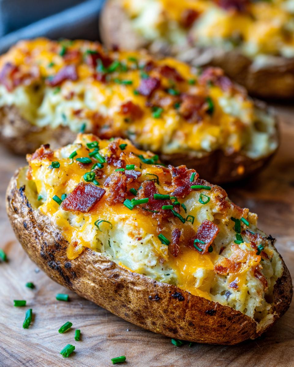 A close-up of a perfectly baked twice baked potato loaded with melted cheddar cheese, bacon bits, and fresh chives.
