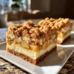 Two rich apple cheesecake bars with a thick graham cracker crust, creamy layer, apple filling, and crumb topping.