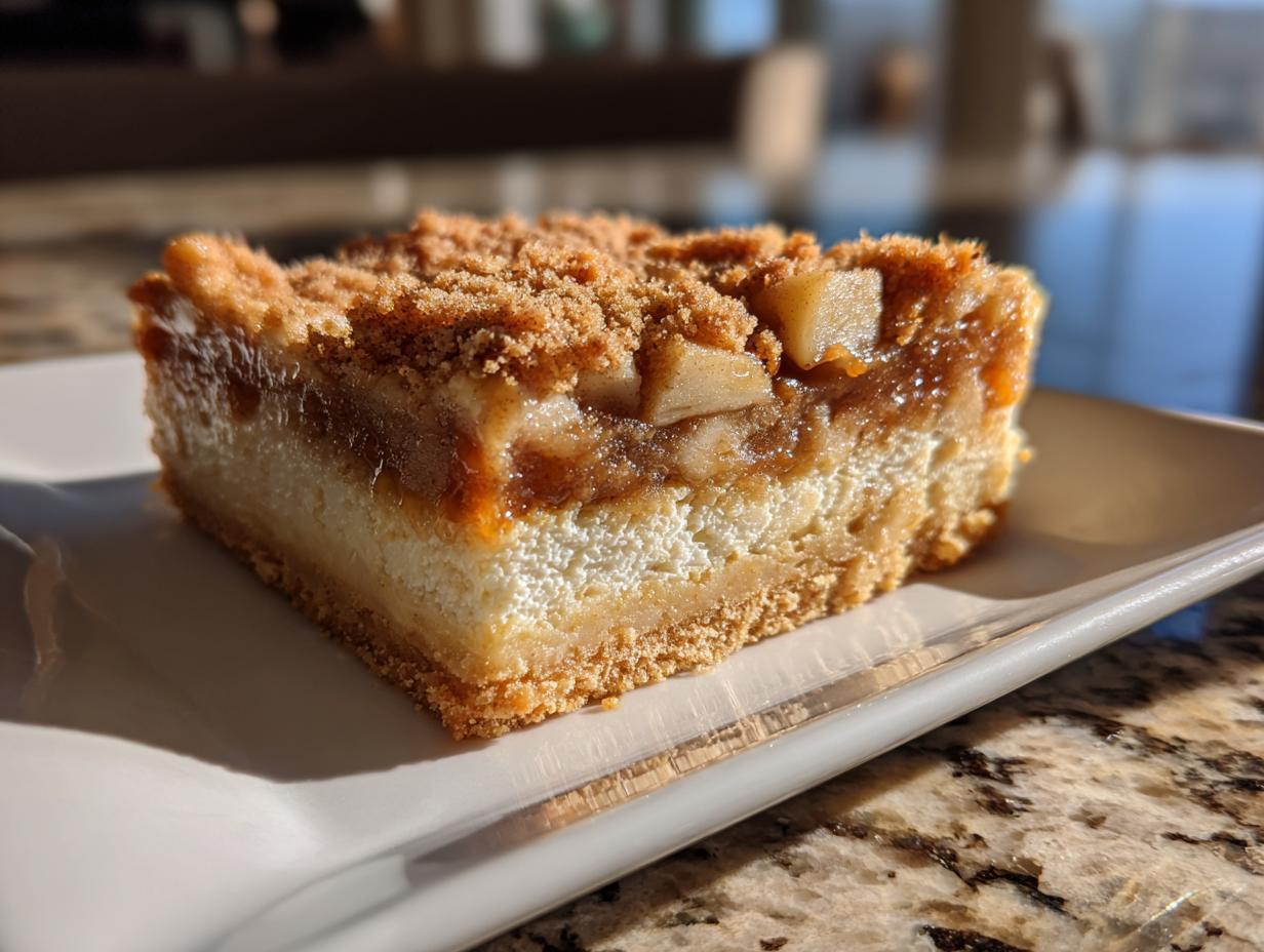 A single, thick slice of apple cheesecake bars showing a graham cracker crust, creamy cheesecake layer, and caramelized apple topping with crumble.