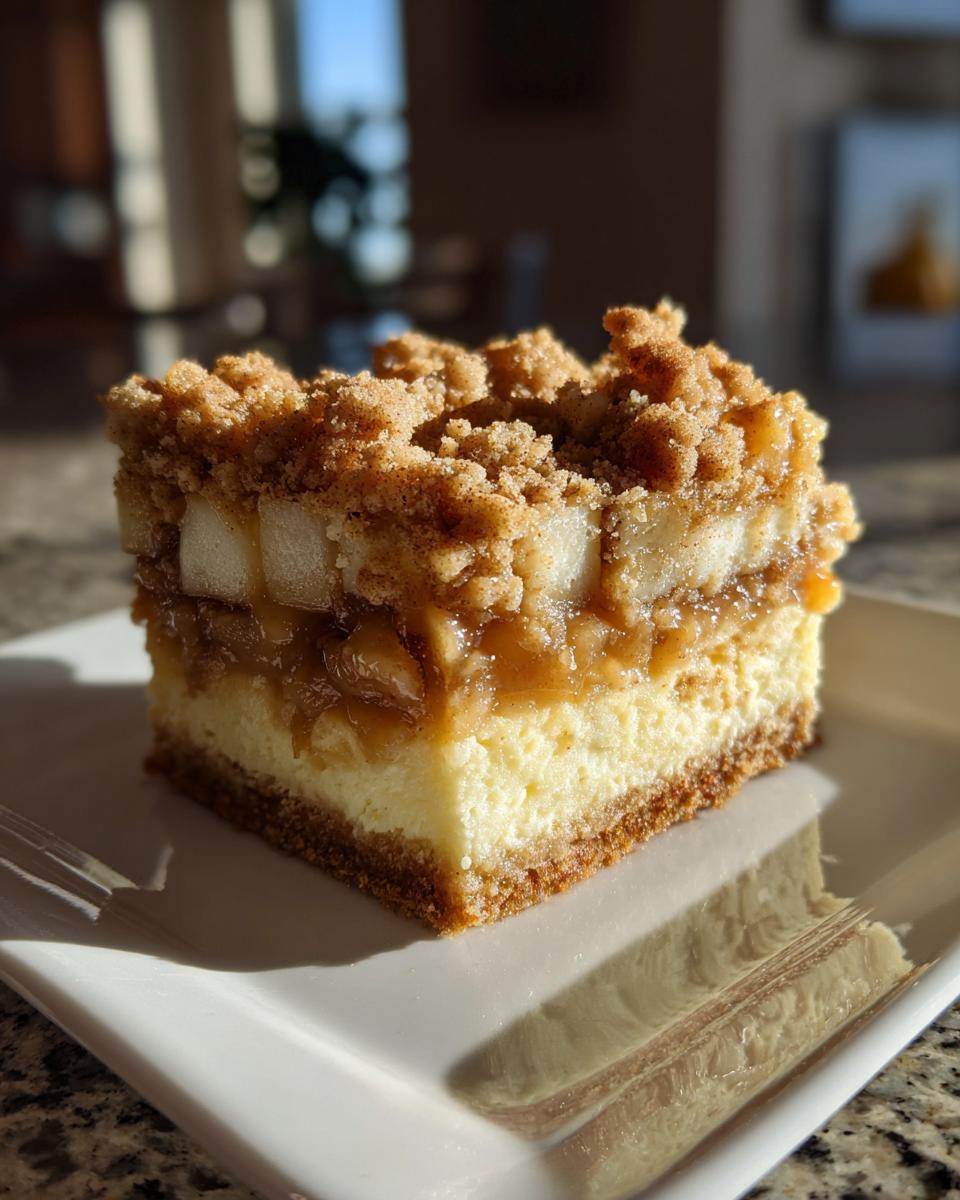 A single serving of rich apple cheesecake bars featuring a graham cracker crust, creamy filling, apple topping, and crumbly streusel.
