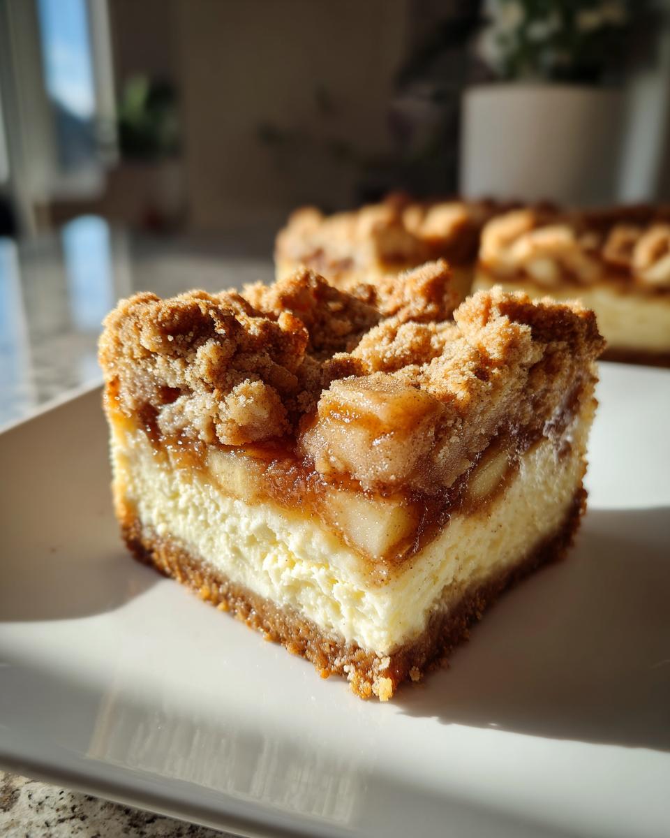 A close-up view of a single serving of apple cheesecake bars showing the graham cracker crust, creamy cheesecake layer, and crumbly apple topping.