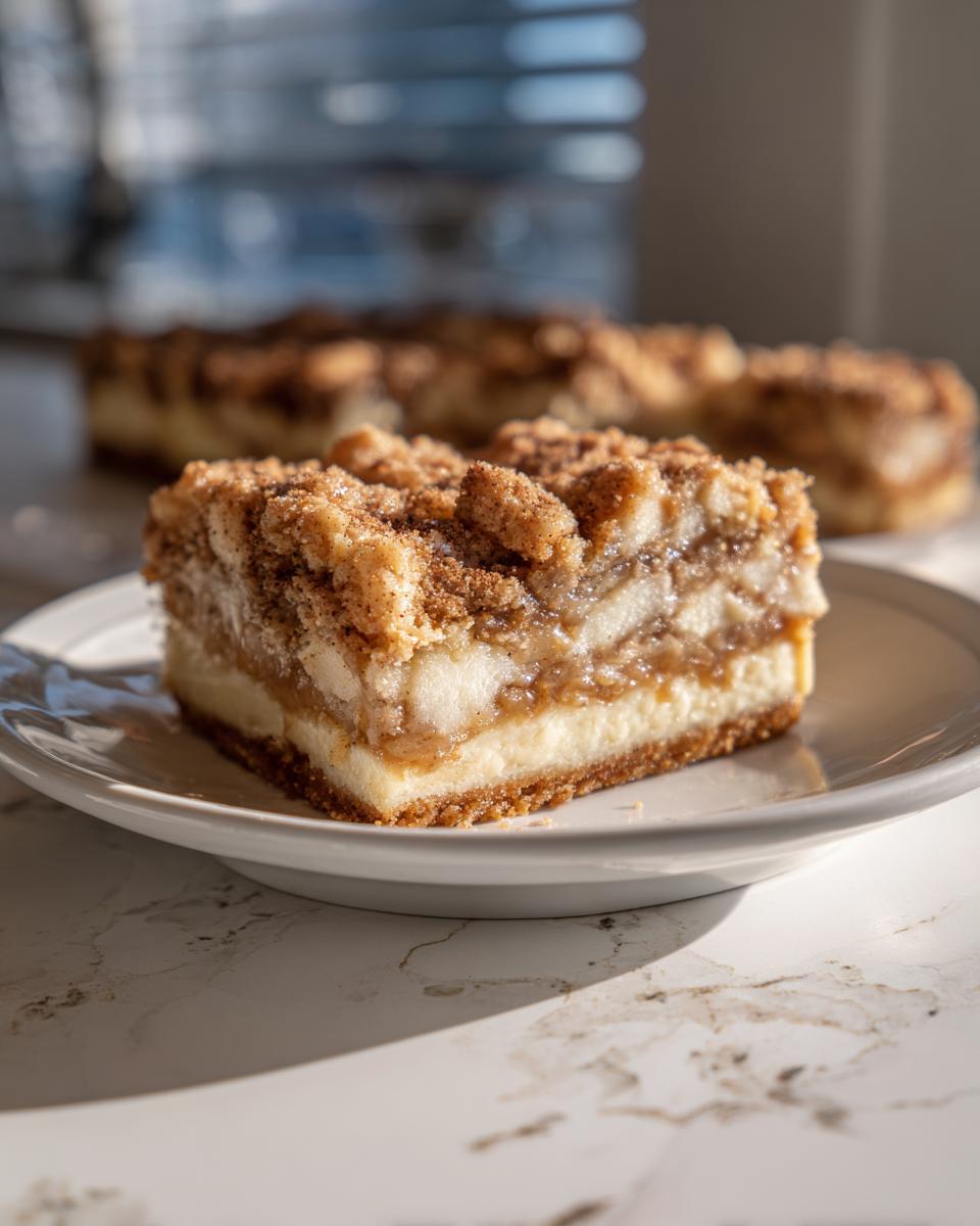 A single serving of delicious apple cheesecake bars featuring a graham cracker crust, creamy layer, spiced apple filling, and cinnamon crumble topping.