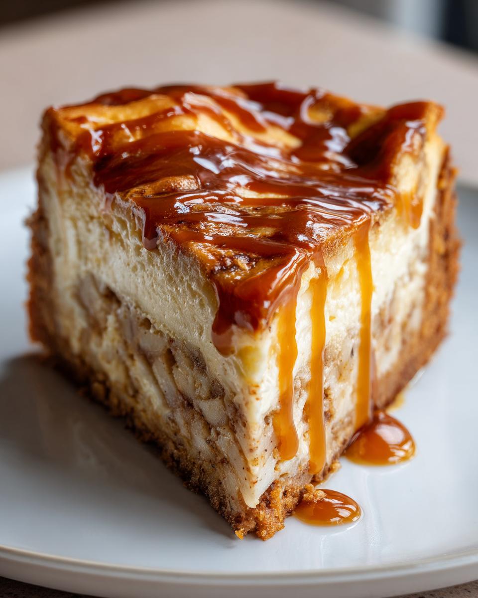 Close-up of a rich slice of apple pie cheesecake topped with thick, dripping caramel sauce.