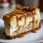 A decadent slice of apple pie cheesecake topped with cinnamon and rich caramel drizzle.