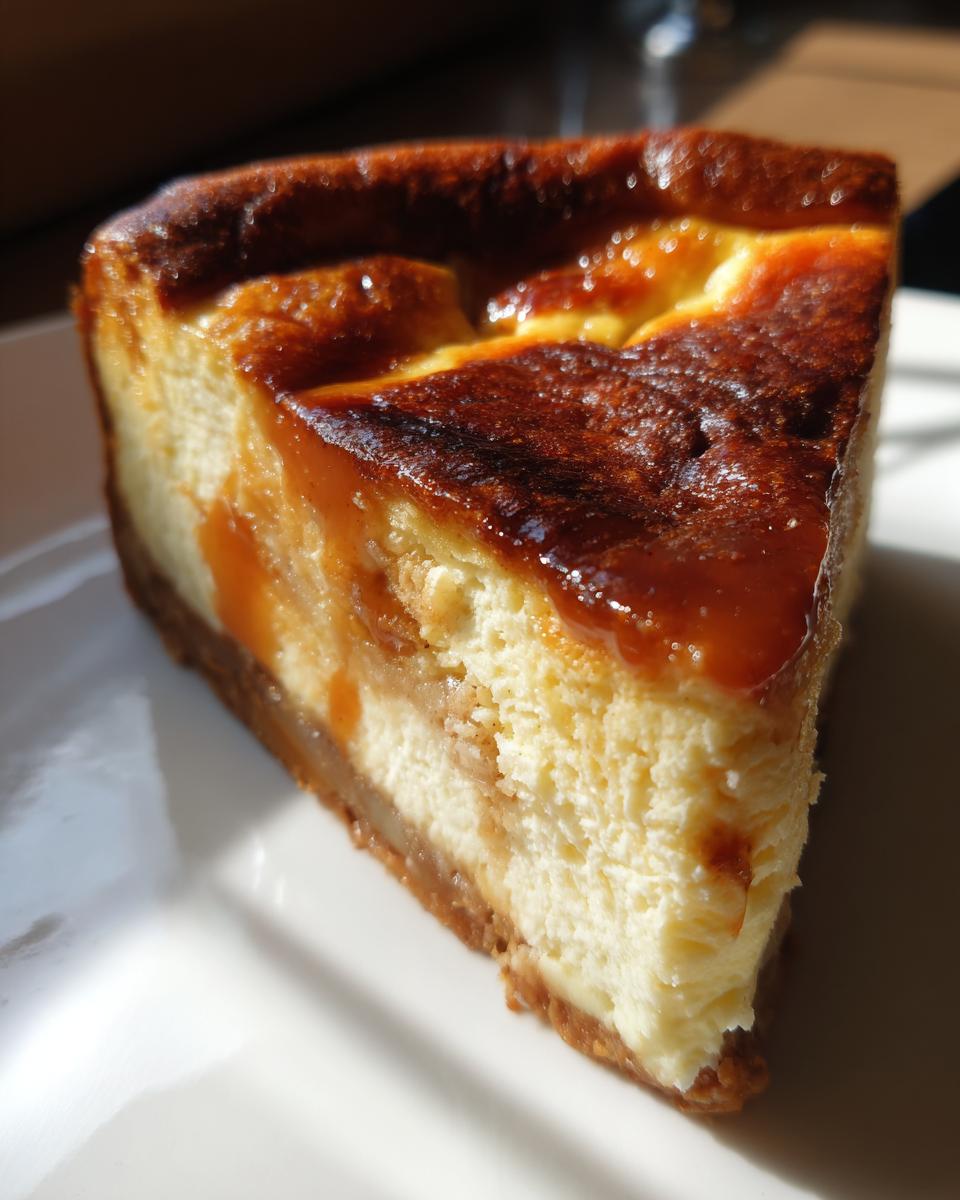 A close-up slice of amazing apple pie cheesecake featuring a creamy texture and a caramelized, browned top.
