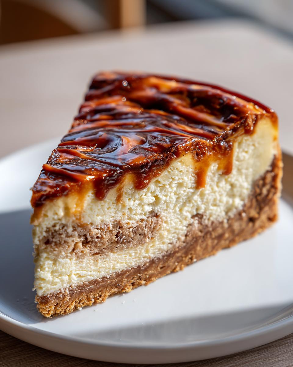 A decadent slice of apple pie cheesecake topped with a rich caramel swirl, served on a white plate.