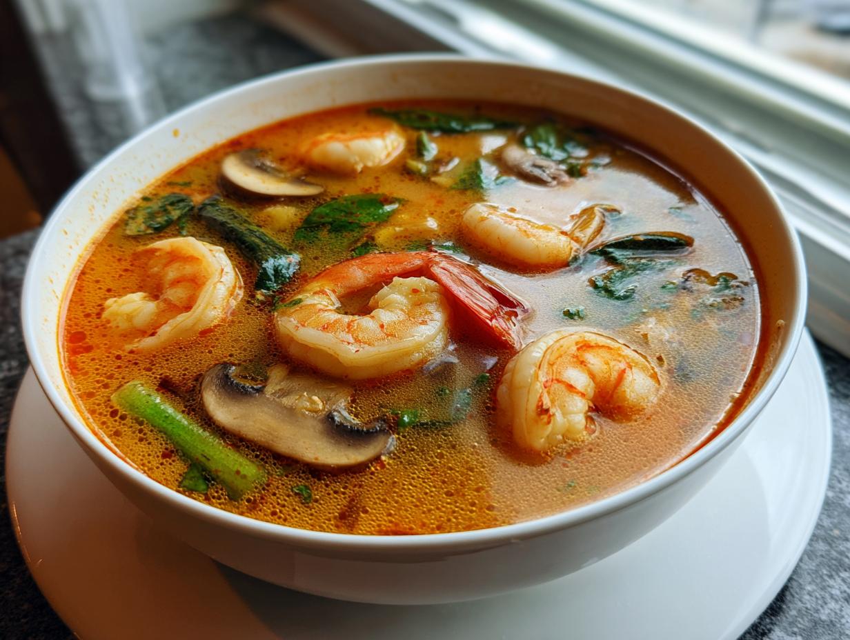Close-up of a steaming bowl of bright orange tom yum soup filled with large shrimp, mushrooms, and herbs.