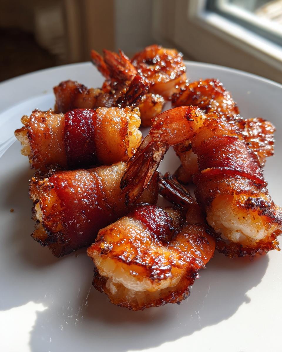 Close-up of several perfectly cooked, glazed bacon wrapped shrimp piled on a white plate, showing crispy bacon.