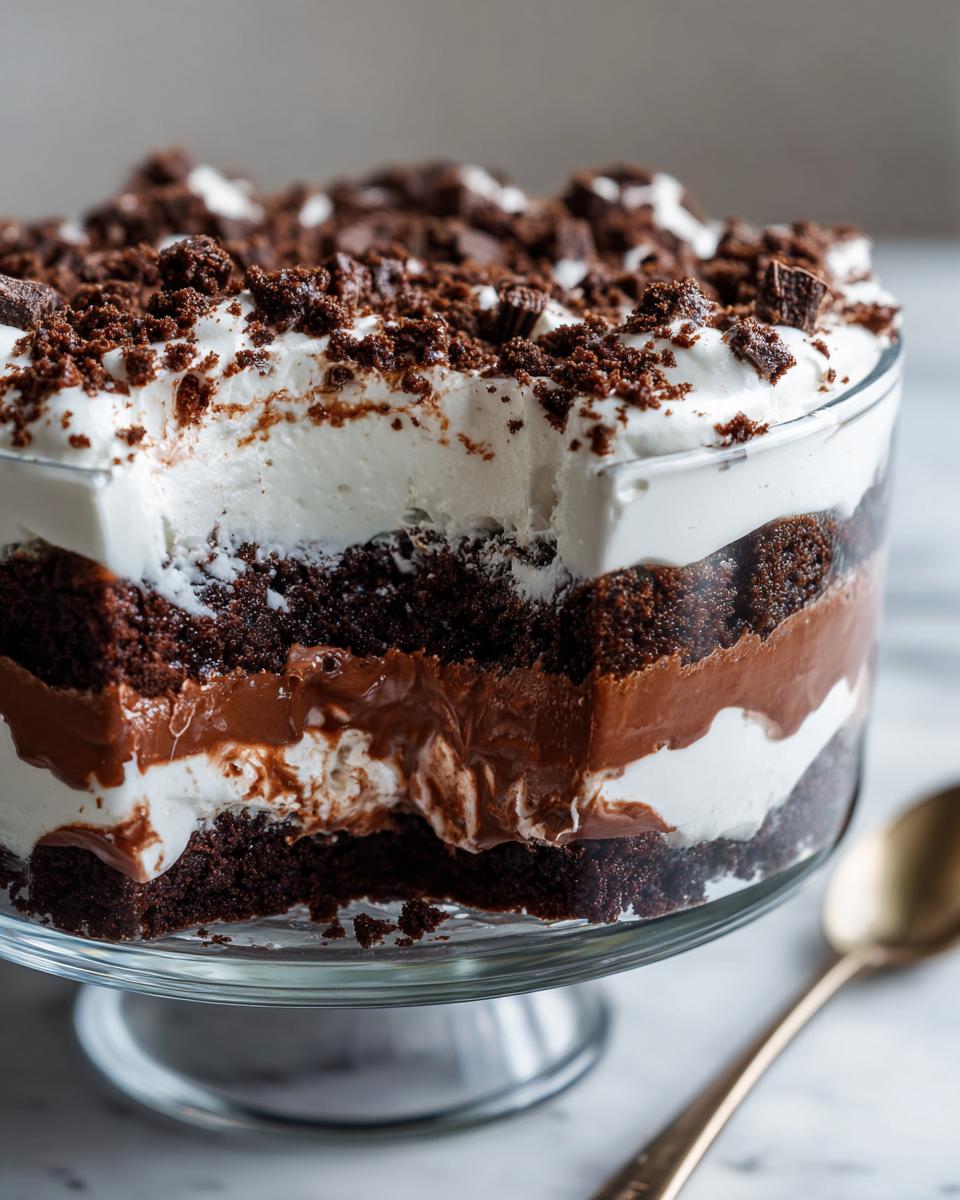 Close-up of a delicious Baileys Chocolate Cheesecake Trifle in a glass dish, showing layers of chocolate cake, cream, and pudding.