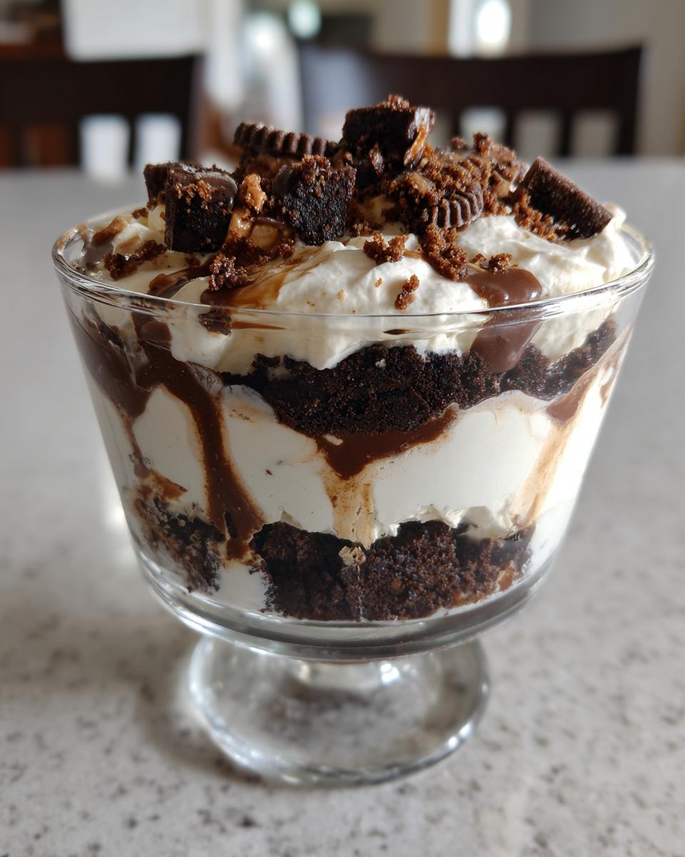 Close-up of a single serving of Baileys Chocolate Cheesecake Trifle layered with dark cake, white cream, and chocolate drizzle, topped with brownie pieces.