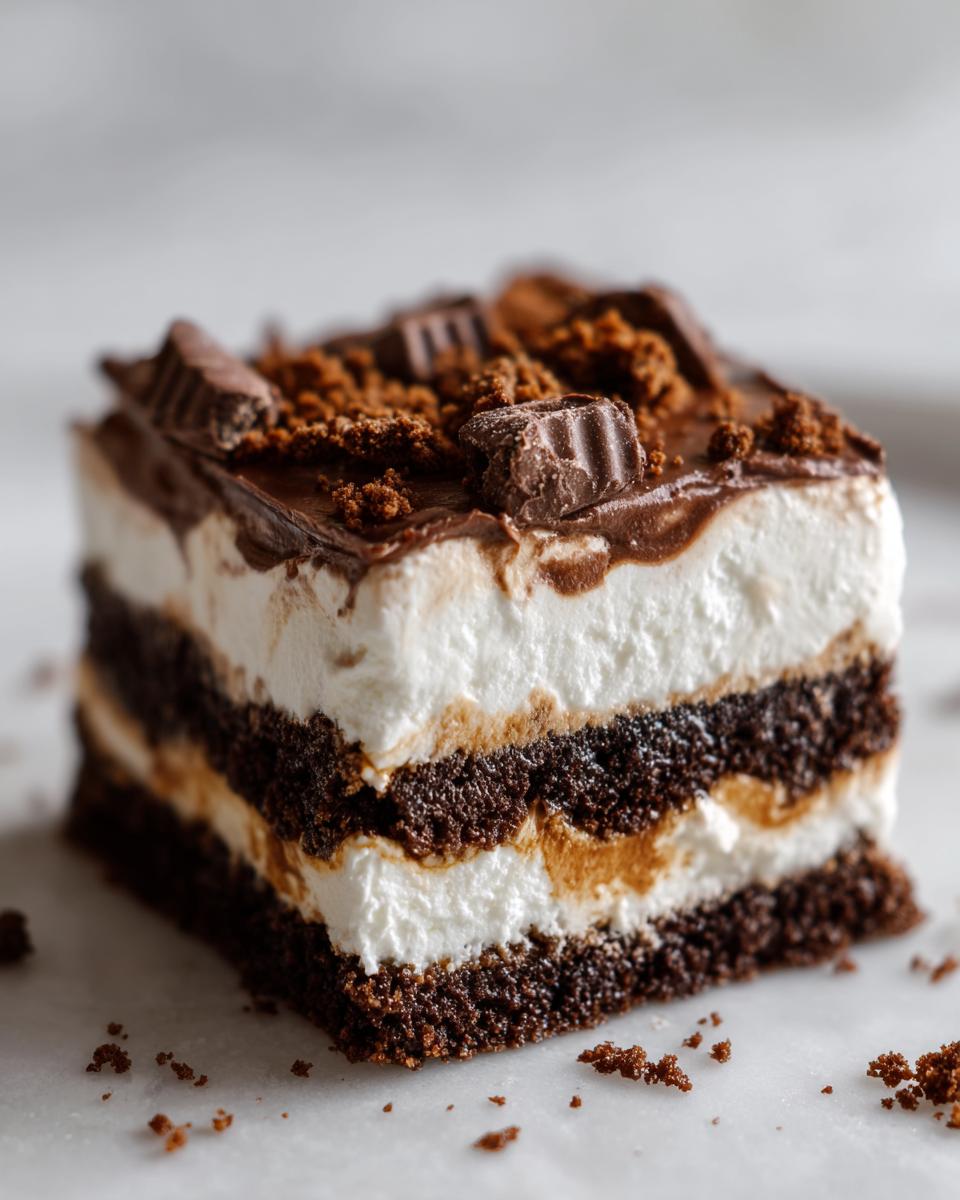 Close-up of a decadent slice of Baileys Chocolate Cheesecake Trifle showing four distinct layers of dark cake, cream, and chocolate topping.