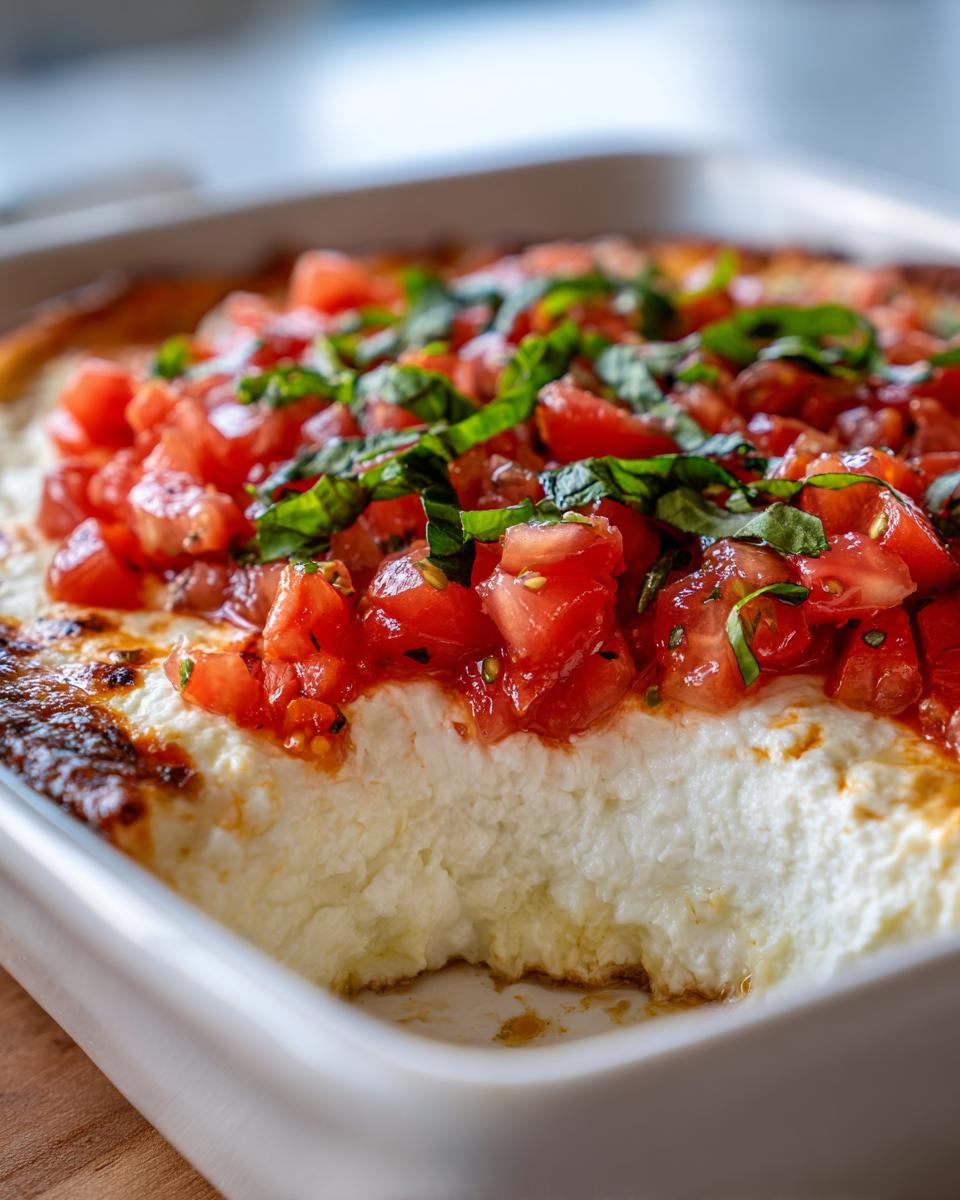 Close-up of a baked bruschetta dip showing creamy white cheese base topped with diced tomatoes and fresh basil.