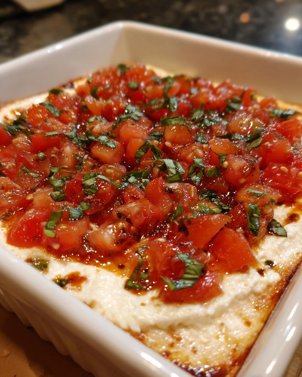 A close-up of warm, baked bruschetta dip topped with fresh diced tomatoes and basil in a square white baking dish.