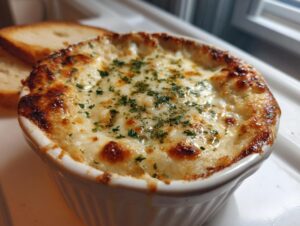 Close-up of a hot, bubbly, cheesy bread dip in a white ramekin, topped with parsley, served with toast points.