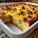 A close-up of a hearty christmas breakfast casserole baked in a white dish, showing sausage, eggs, and melted cheddar cheese.