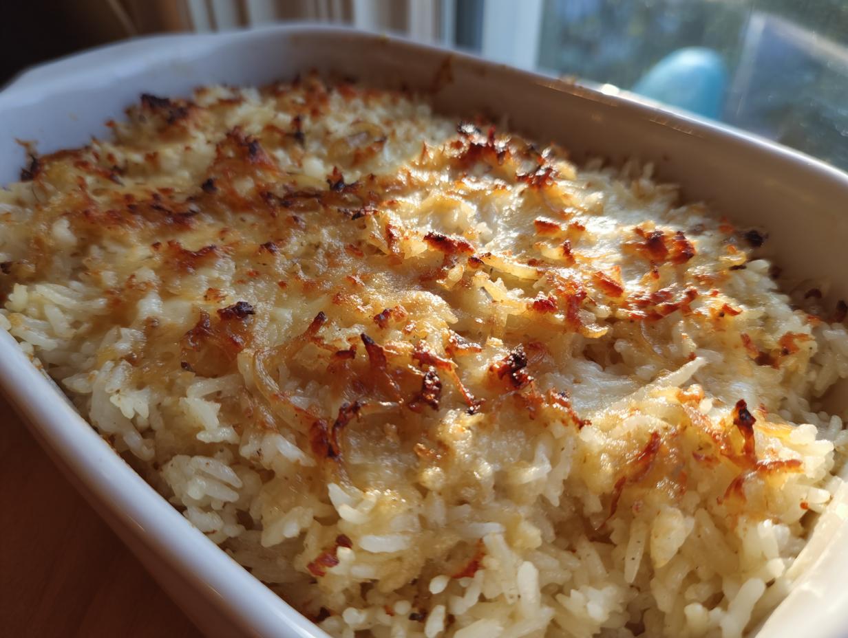 Close-up of baked french onion butter rice with a golden, crispy, browned top in a white casserole dish.