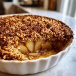 A close-up of a freshly baked pear crisp in a white ramekin, showing soft, caramelized pears beneath a thick, golden oat crumble topping.
