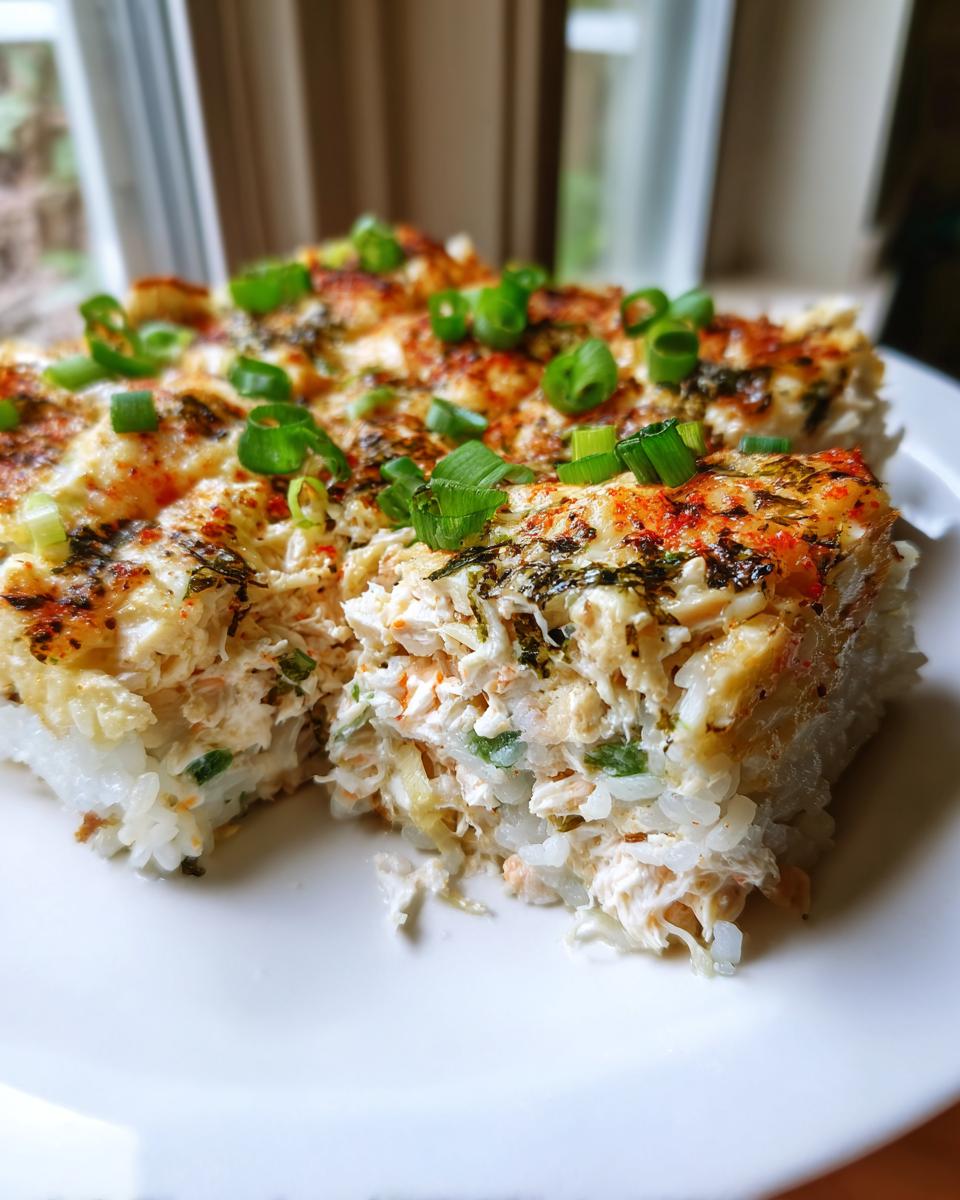 Two squares of creamy, baked sushi bake topped with toasted seaweed and fresh green onions on a white plate.