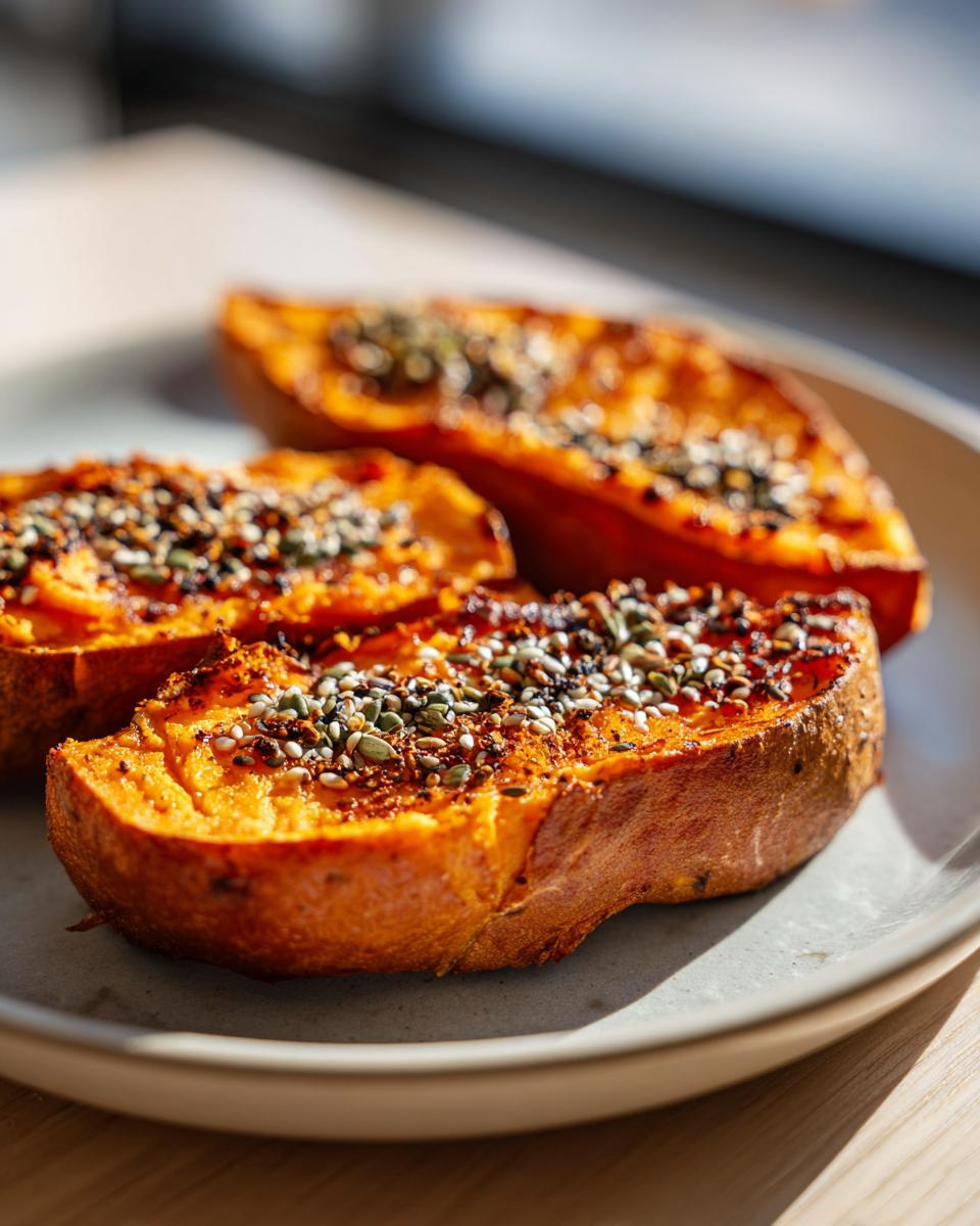 Three slices of baked sweet potato toast topped generously with a savory seed mix, including pumpkin seeds.