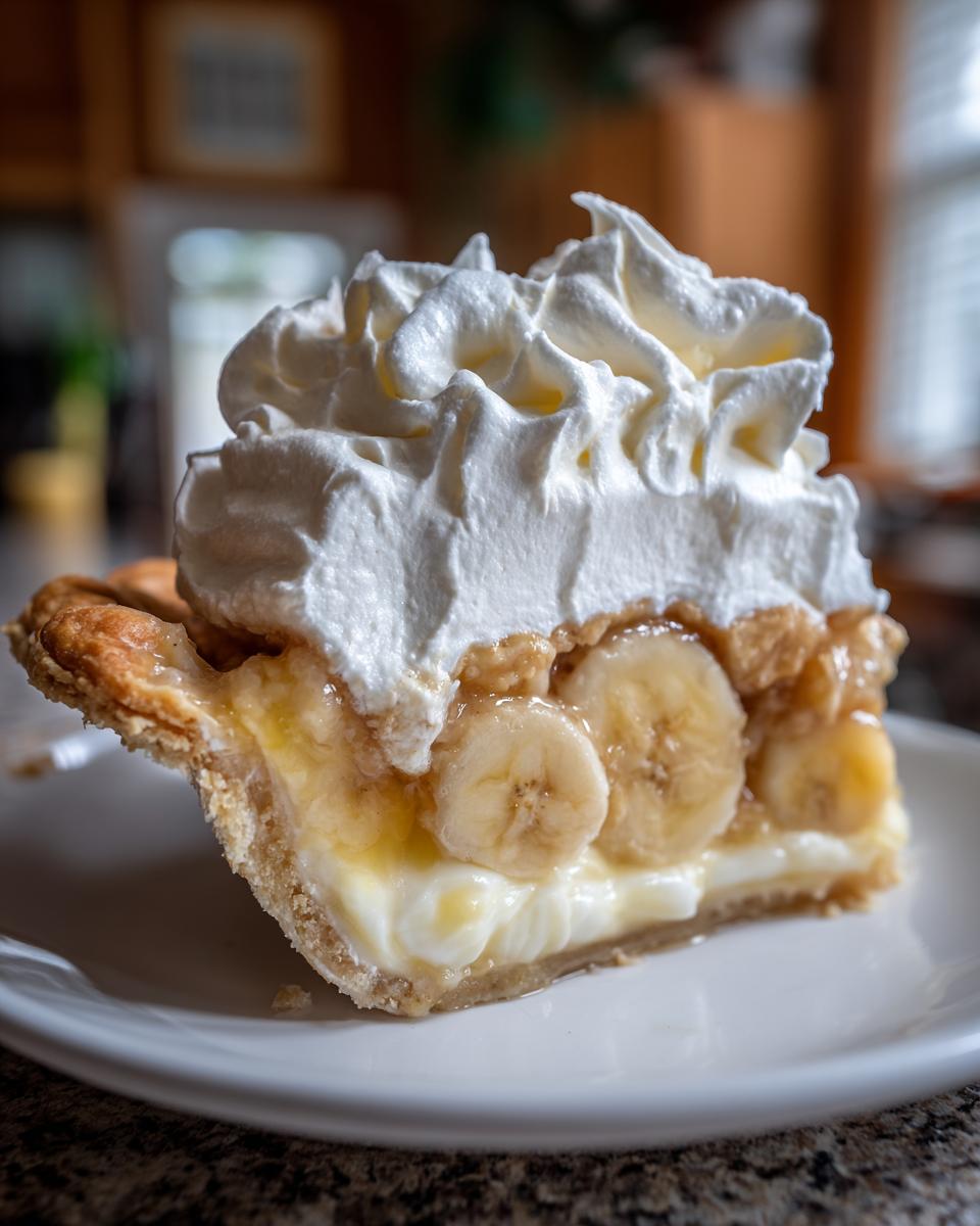 Close-up of a slice of banana cream pie showing layers of crust, vanilla custard, sliced bananas, and a tall swirl of whipped cream.