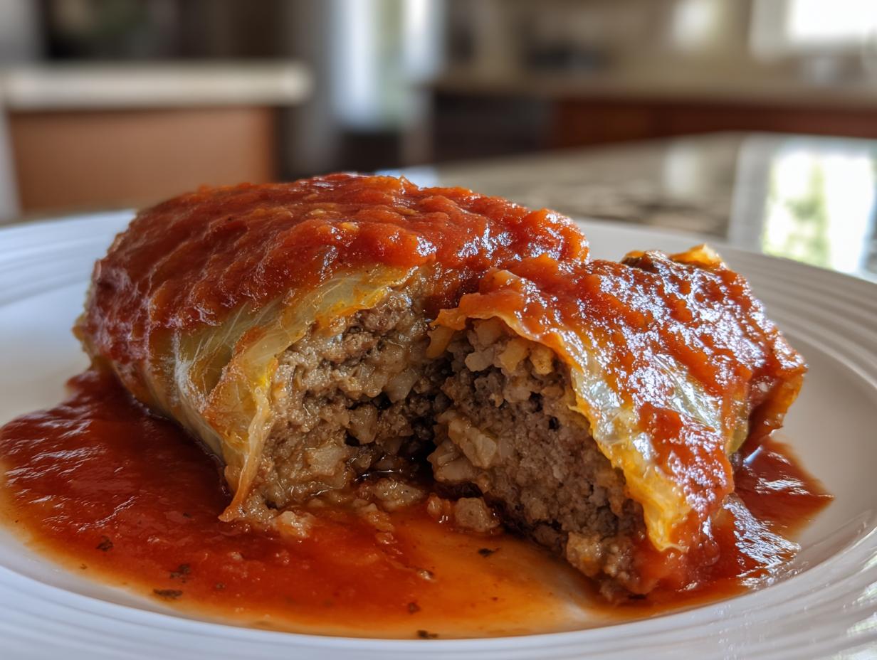 A cross-section of homemade cabbage rolls stuffed with meat and rice, generously topped with bright red tomato sauce.