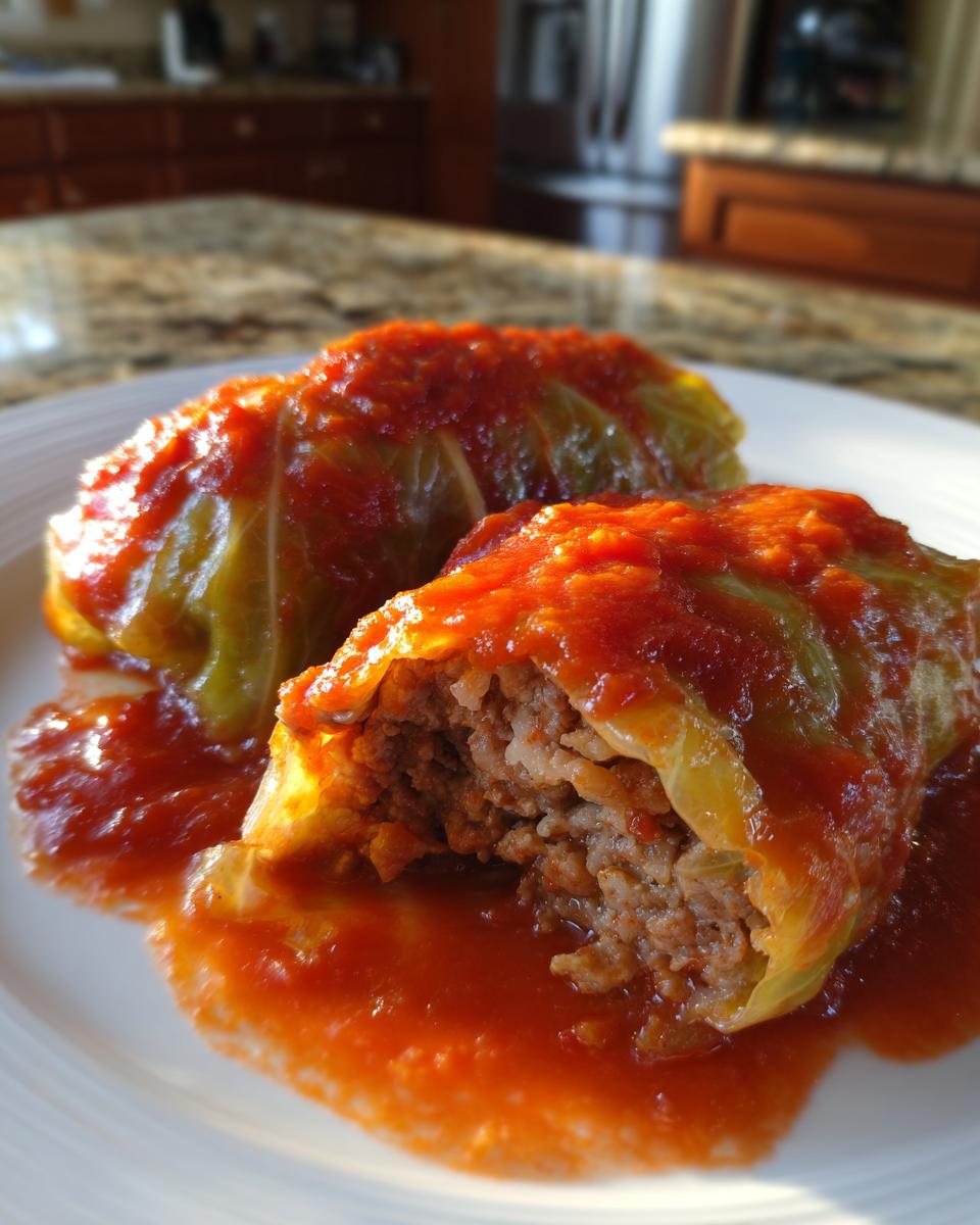 Two savory cabbage rolls smothered in bright red tomato sauce, one cut open to show the meat and rice filling.