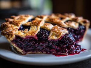 Close-up of a thick slice of blackberry pie showing juicy filling and golden lattice crust.