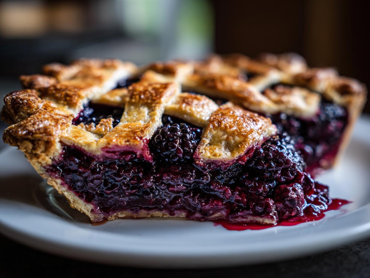 Close-up of a thick slice of blackberry pie showing juicy filling and golden lattice crust.