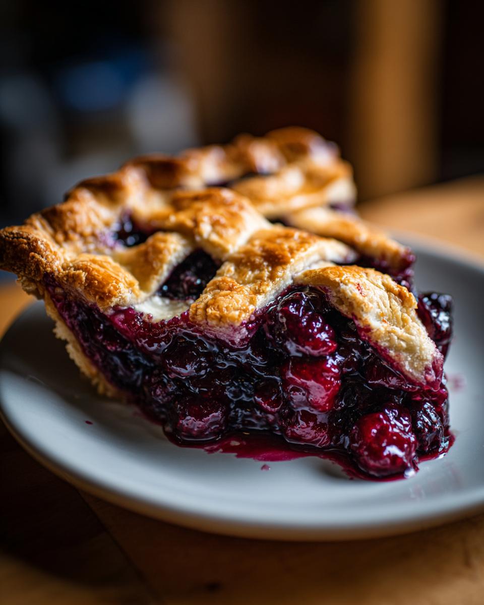Close-up of a thick slice of blackberry pie showing a rich, dark berry filling and a golden lattice crust.