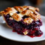 A close-up of a juicy slice of blackberry pie featuring a golden lattice crust and oozing berry filling.