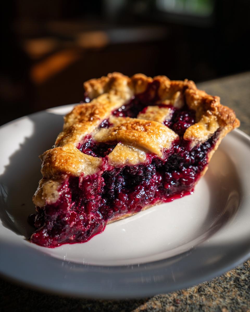 A close-up, dramatic shot of a slice of blackberry pie with a golden lattice crust, showing rich, juicy filling.