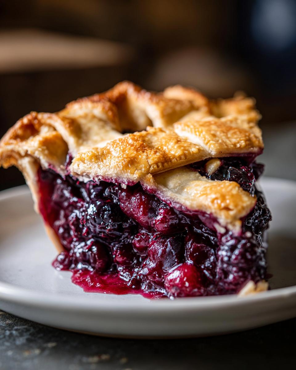 A close-up of a thick slice of blackberry pie showing juicy filling and a golden lattice crust.