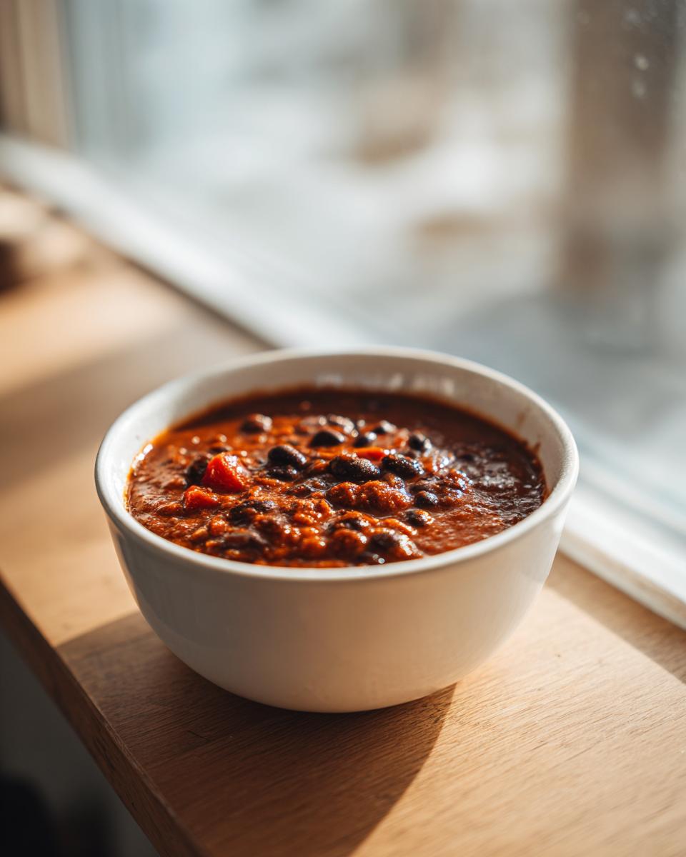 A white bowl filled with steaming black bean chili resting on a sunlit wooden windowsill.