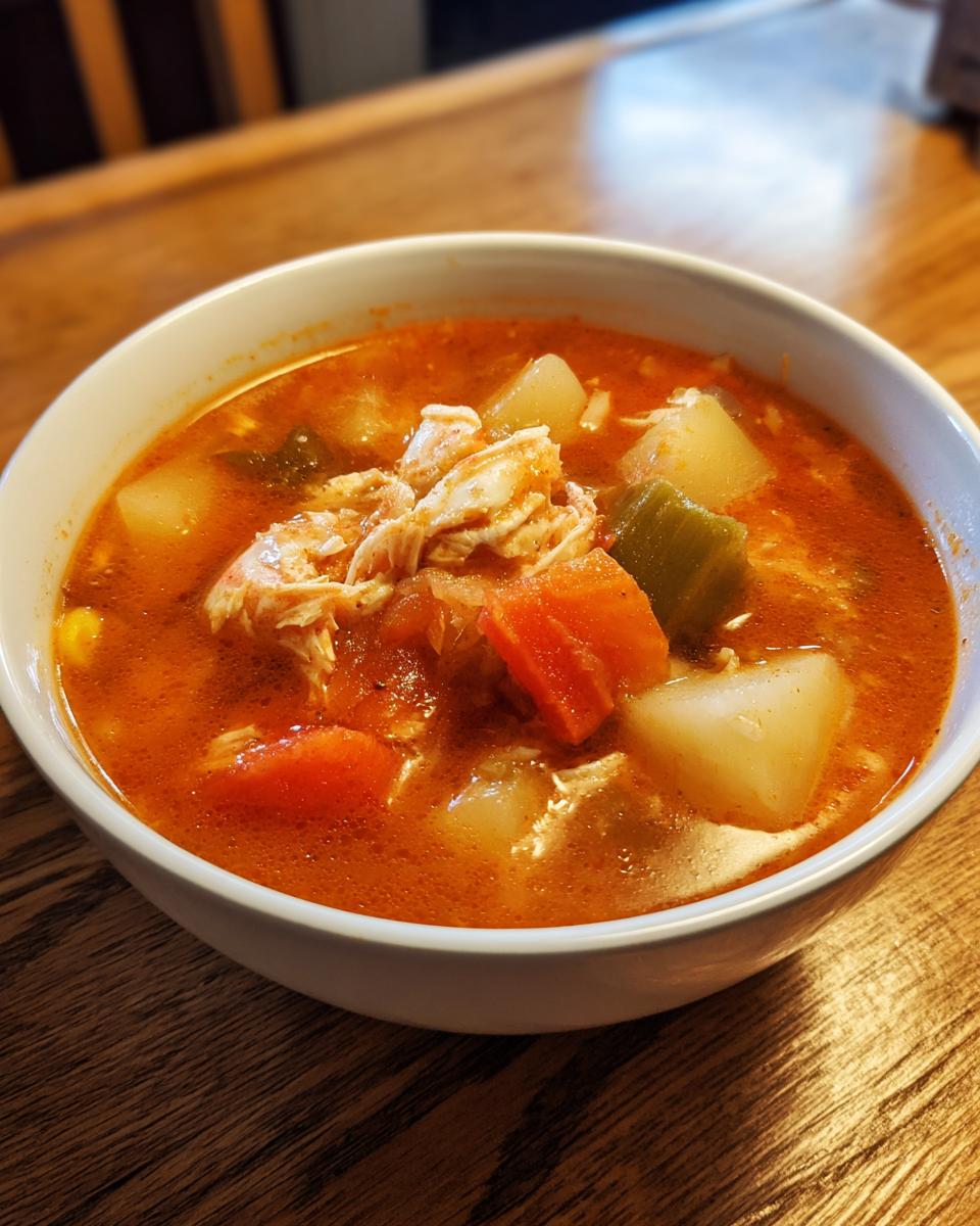 A close-up of a white bowl filled with rich, red broth maryland crab soup, featuring large chunks of vegetables and shredded crab meat.