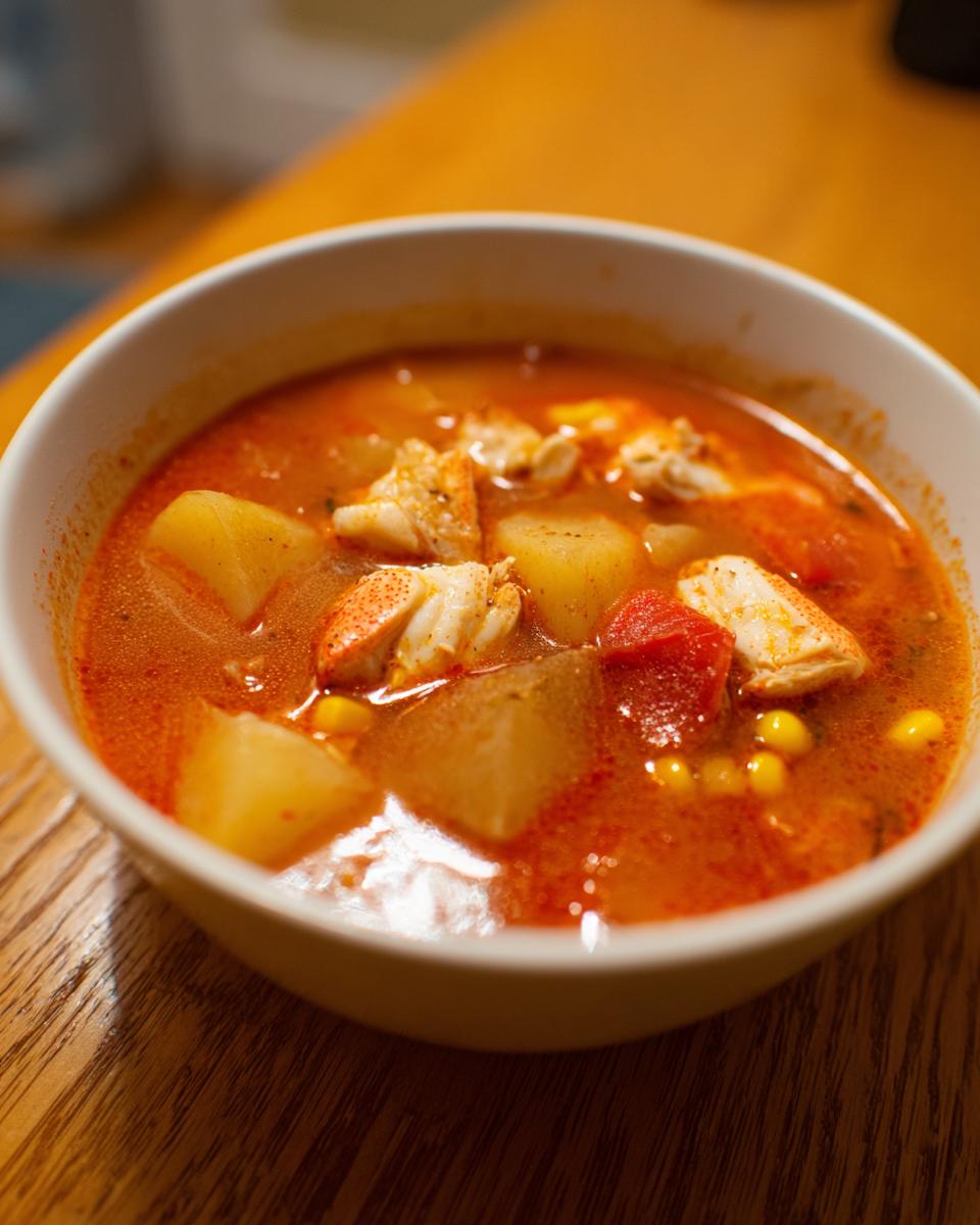 A close-up of a bowl filled with rich, red maryland crab soup featuring chunks of potato, corn, and crab meat.