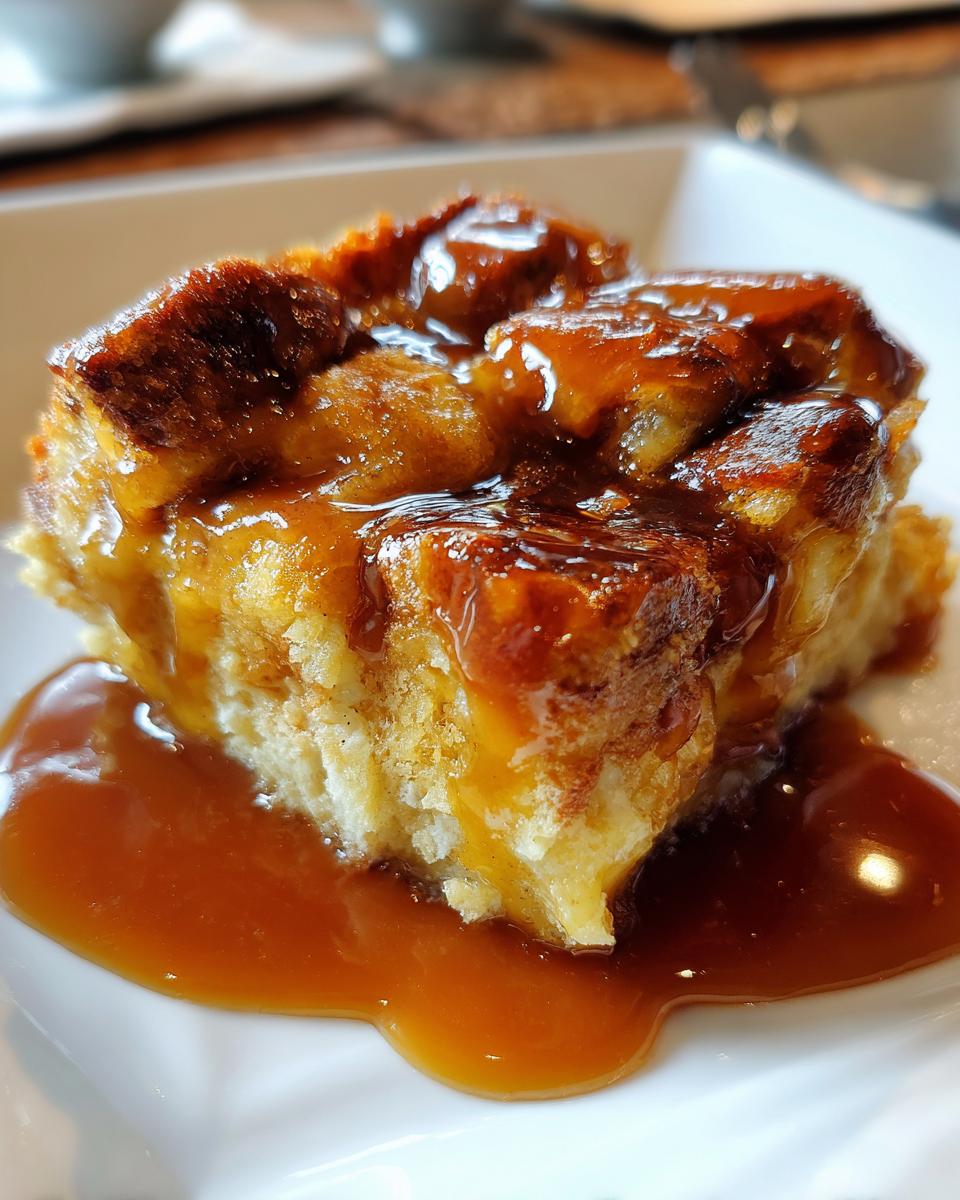 A close-up of a square serving of bread pudding with bourbon sauce generously drizzled over the top and pooling on the plate.