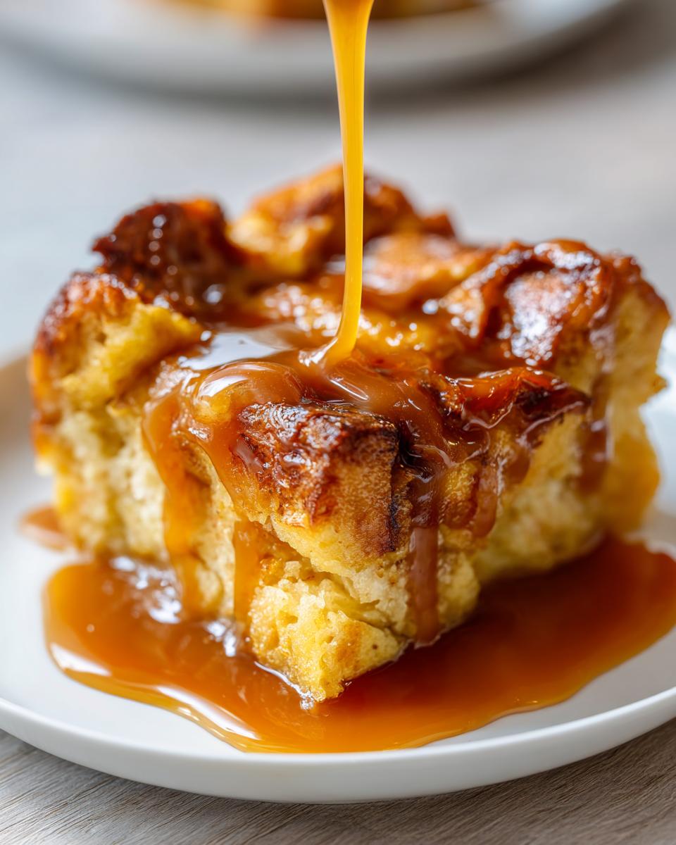 A close-up of a square portion of bread pudding with bourbon sauce being generously poured over the top.