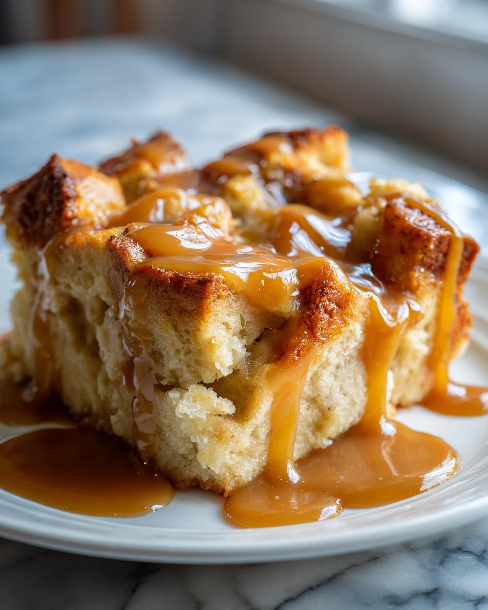 A close-up of a square serving of bread pudding with bourbon sauce generously drizzled over the top.
