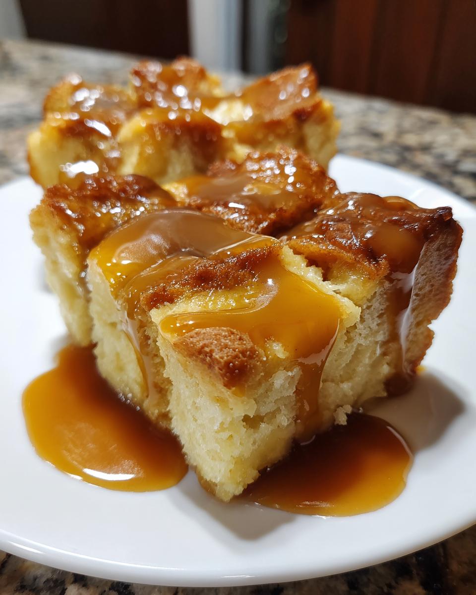 A close-up of a square serving of bread pudding with bourbon sauce generously drizzled over the top.