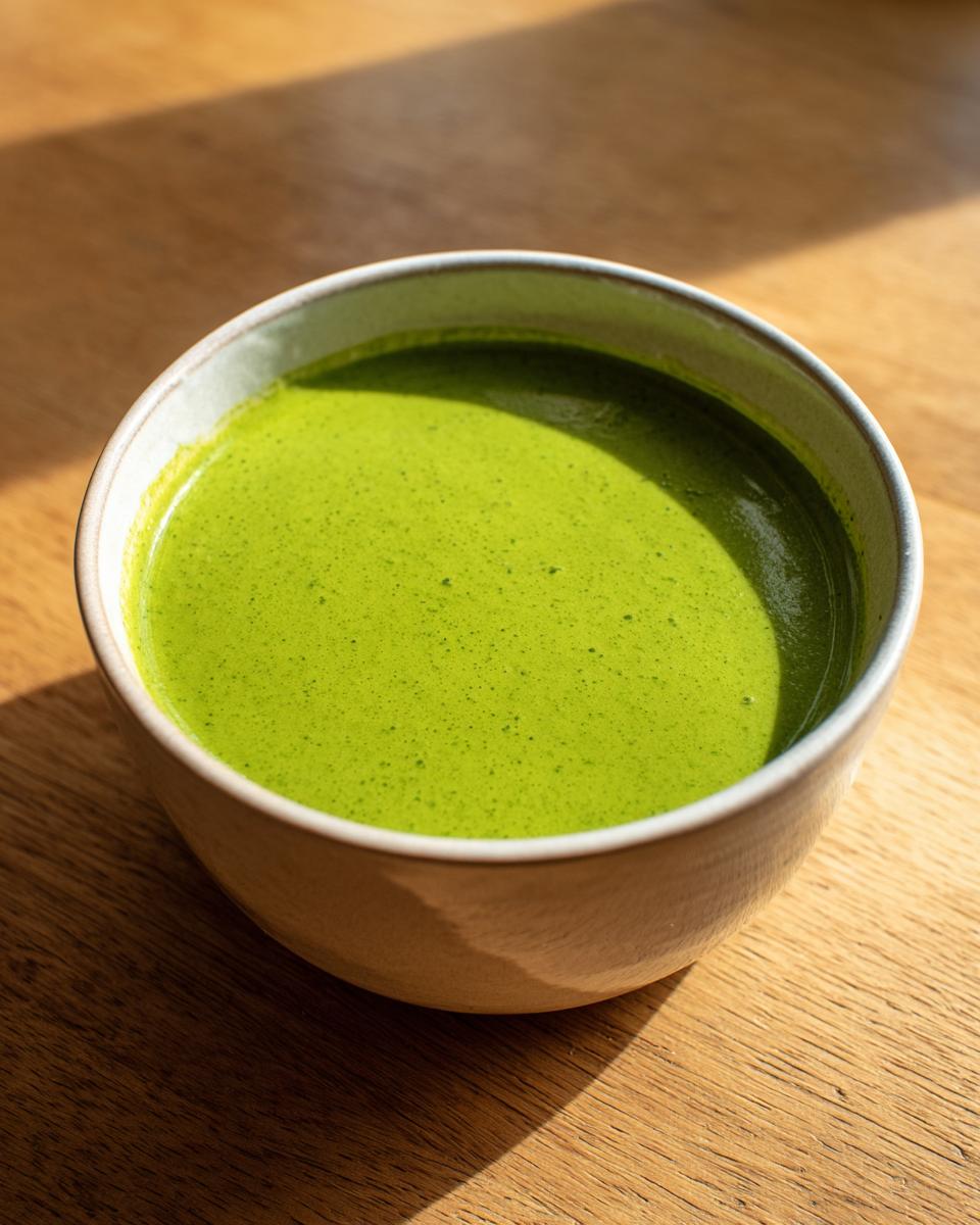Close-up of a bowl filled with vibrant, creamy green zucchini soup resting on a wooden table.