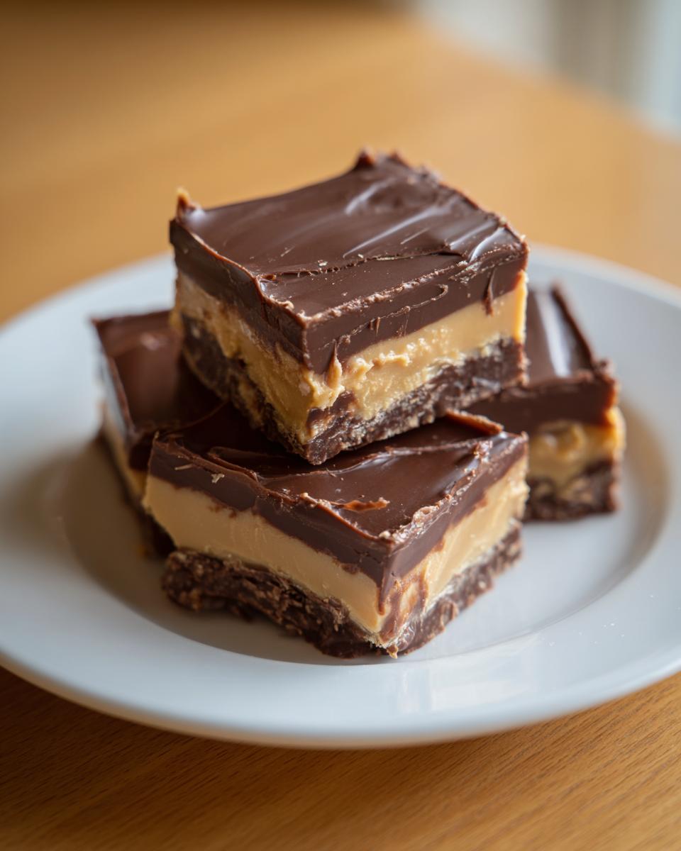 Close-up of stacked, rich buckeye fudge bars featuring a chocolate top, peanut butter middle, and dark crust.